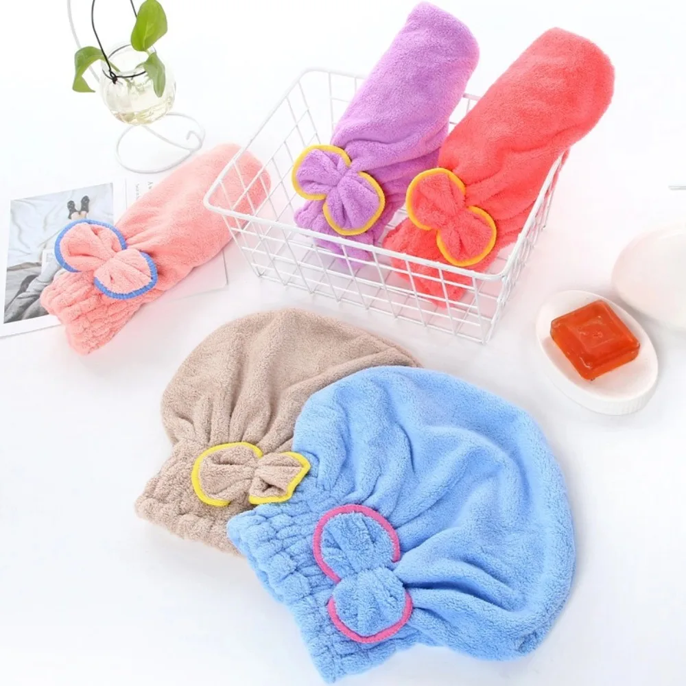 Soft Coral Velvet Hair Turban Towel with Bow Ultra Absorbent Quick Dry Shower Cap for Women Fast Drying Hair Wrap Bathroom Tools