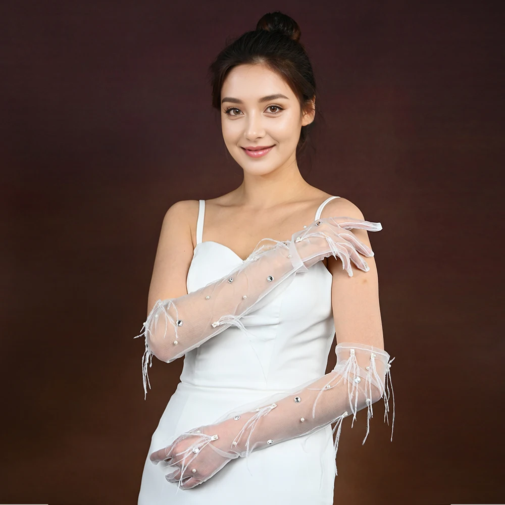 Wedding Gloves Bachelorette Party Accessories Bridal Gloves Feather Pearl Rhinestone Covers Arms for Dresses Elbow Length VPM15