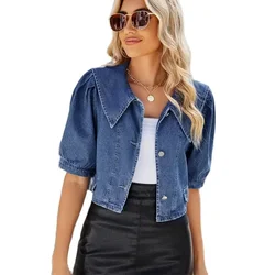 Veste en Denim Courte à Col Marin pour Femme, Manteau d'Été à Bulles, Manches Courtes, Cardigan à Simple Boutonnage, Streetwear Décontracté