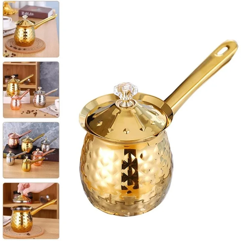 Gold Hammered Milk Pot Stainless Steel Turkish Coffee Pot with Lid Long Handle Saucepan Butter Melting Pot Kitchen Tools view 6