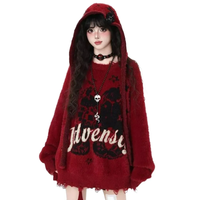 

Осень/зима 2026, модный свободный повседневный пуловер, съемная шапка, женский свитер с имитацией американской норки в стиле ретро с буквенным дизайном