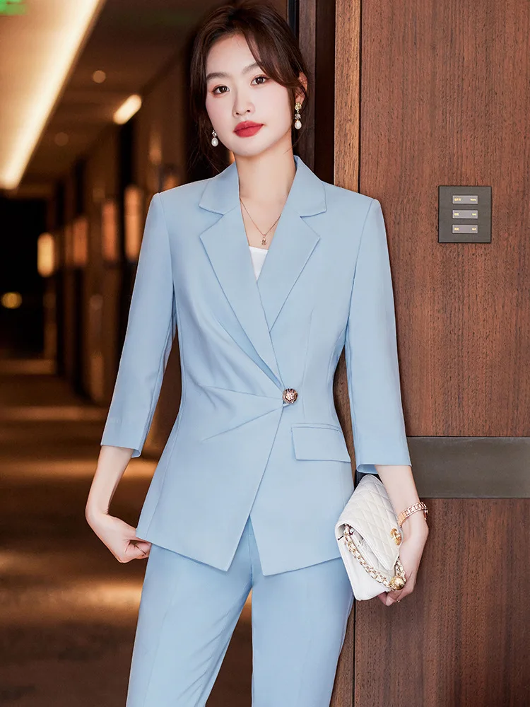 

Half Sleeve Elegant Blazers High Quality Fabric Women Business Suits Pantsuits with Pants and Jackets Coat Office Professional