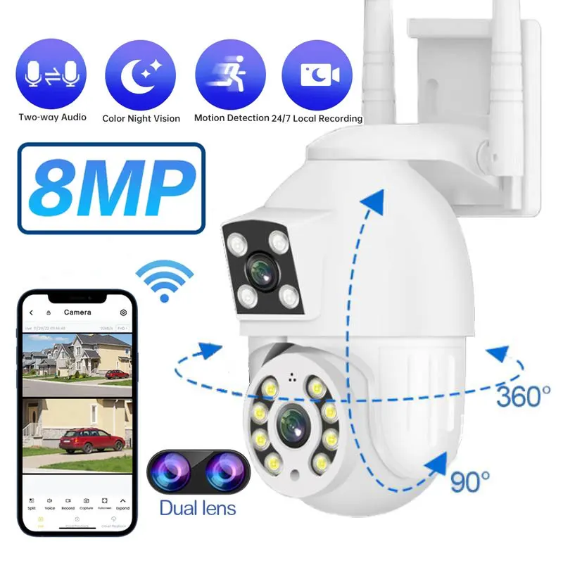 

8MP WiFi Camera Security Wireless Outdoor Dual Lens Dual Screen 4X Digital Zoom Motion Human Detection IP CCTV Survalance Indoor