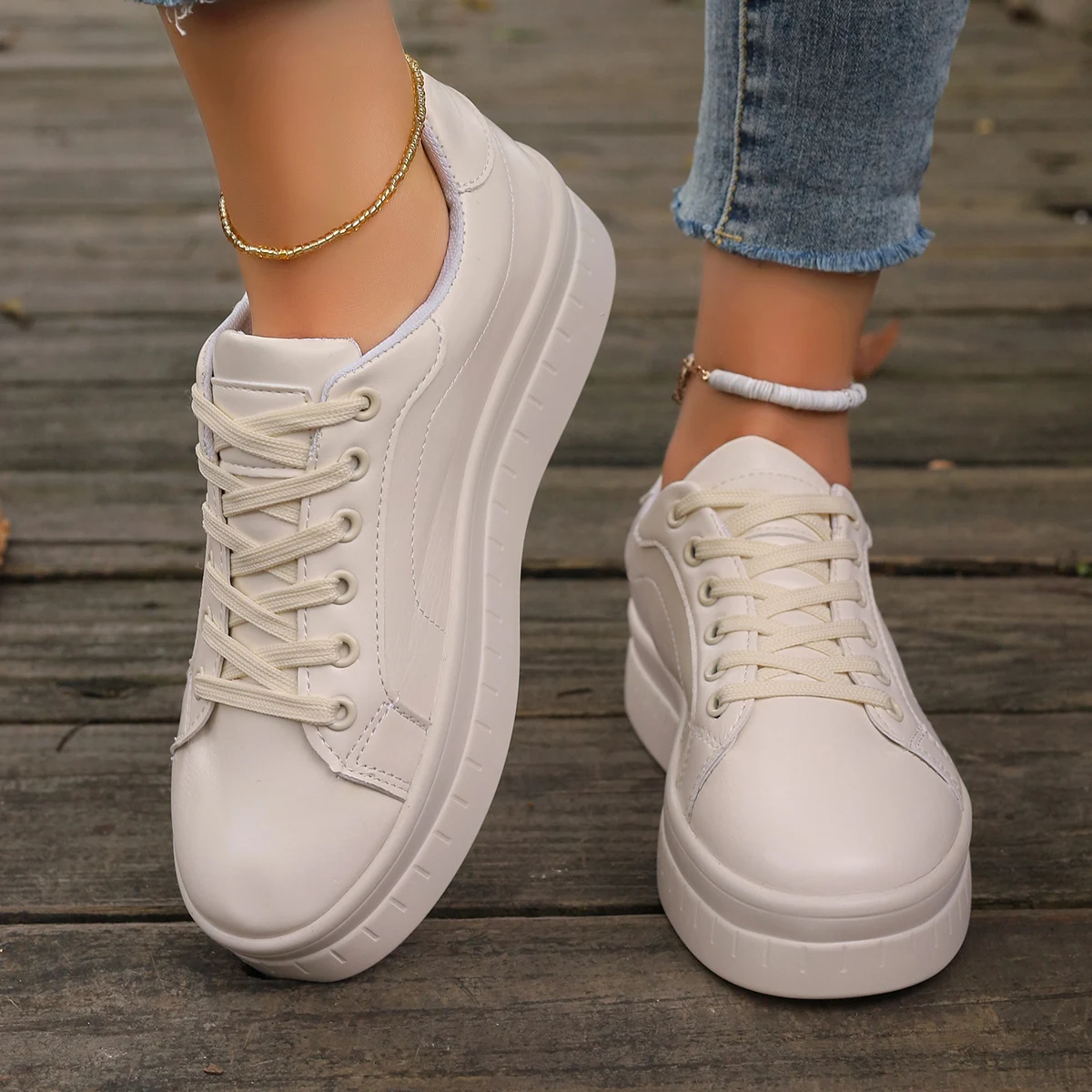 Women Leather Platform Shoes Fashion Solid Color Chunky Heel Sneakers Casual Flat Sports Shoes Designer Shoes Zapatillas Mujer