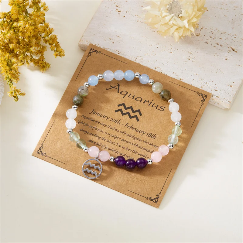 Minimalistische Bunte Naturstein-Perlenarmbänder für Damen und Herren, Modische Handgefertigte 12 Sternzeichen-Armbänder, Schmuck – Detail 16
