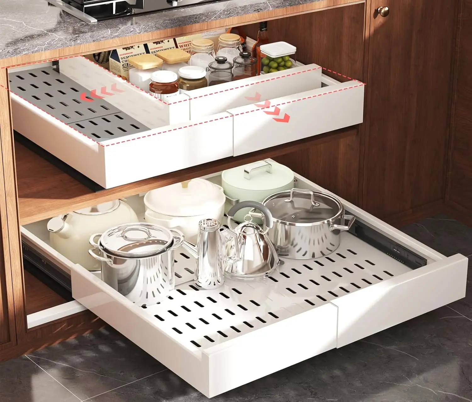 

Expandable Pull Out Cabinet Organizer, Slide Out Drawers for Kitchen and Bathroom, White, No Drill Installation