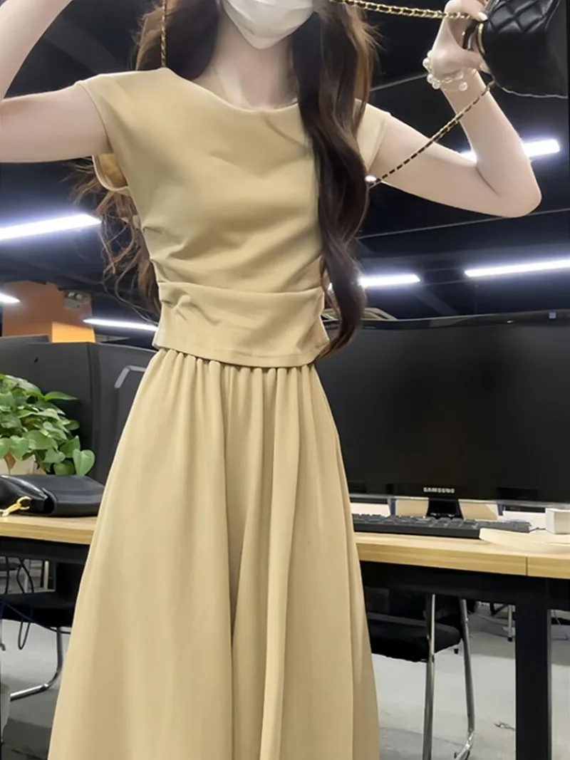 

Новый корейский модный женский комплект из двух предметов, элегантный однотонный однотонный топ без рукавов + юбка-миди трапециевидной формы, повседневный костюм