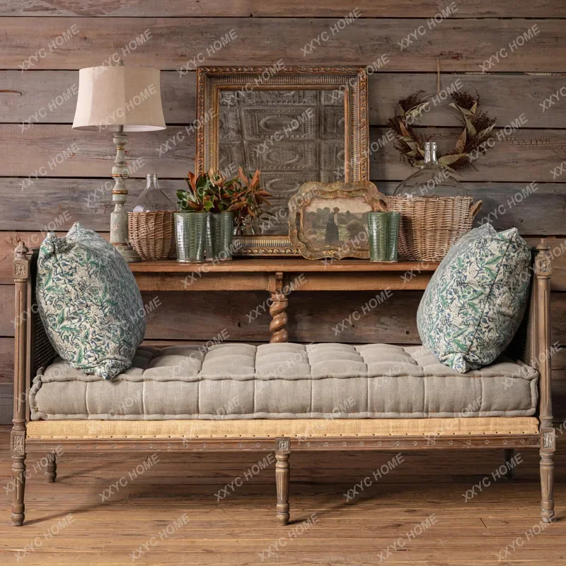 

Hretro solid wood sofa rattan large double three concubine leisure bedside bench living room furniture