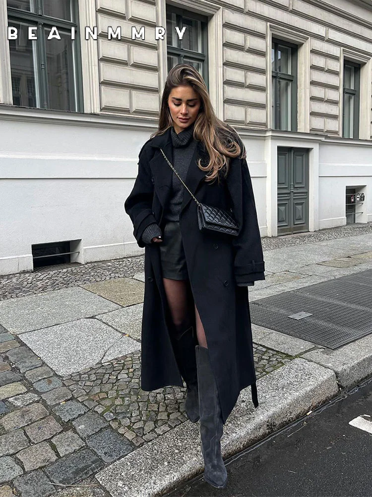 Fashion Black Woolen Long Coat With Belt Women Oversize Loose Double Button Lapel Overcoat 2025 Autumn Street Female Outerwear