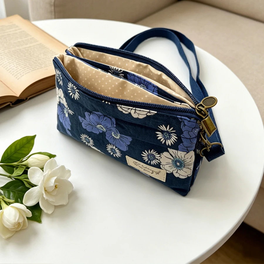 Leichte Canvas-Handytasche mit Blumenmuster für Damen, Umhängetasche mit mehreren Taschen und Reißverschluss, verstellbarer Riemen, Mini-Handgeldbörse – Detail 17