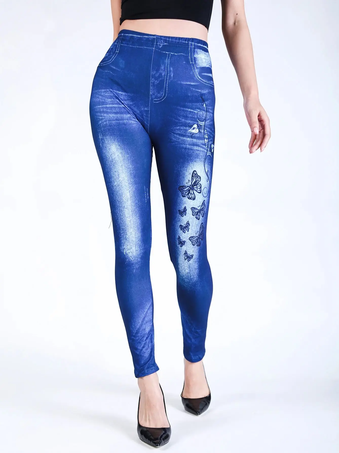 

YRRETY Soft Brushed Fake Denim Sexy Slim Fit Underpants for Women's Elastic Fashion High Waist Printed Butterfly Pencil Pants