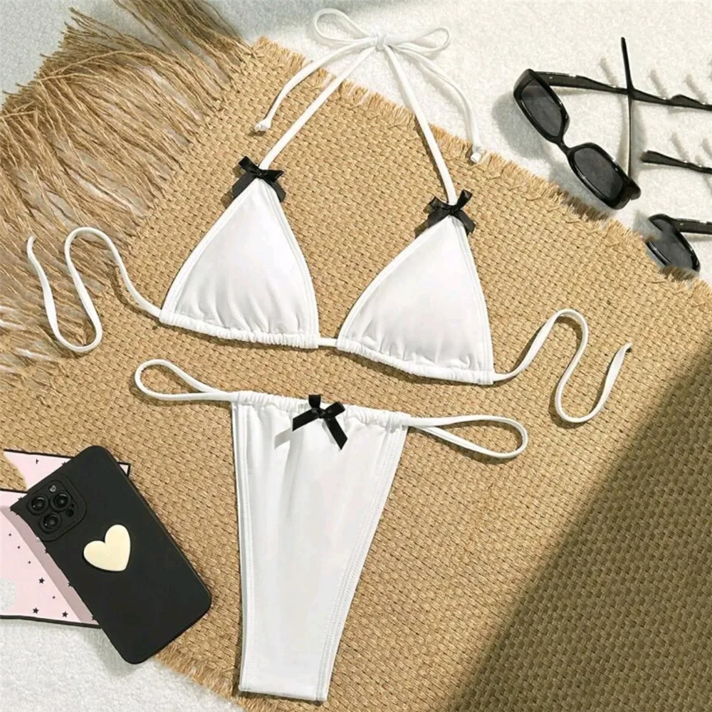 

Solid White Ladies Swimwear String Halter Micro Thong Bikini 2025 Sexy Swimsuit Women Bow Bathing Suit Triangle Bikinis Sets