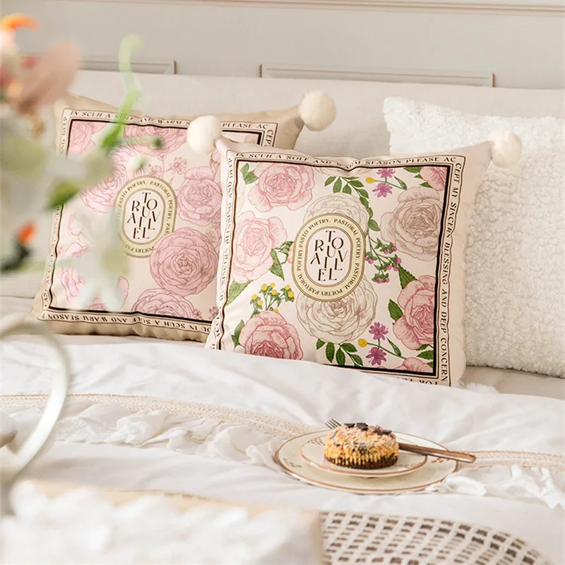 

Throw Pillow Covers Home Decor Pink Flower Rose Pillow Cases Decorative 18 x 18 Inches Outdoor Cushion Couch Sofa Pillow Pom Pom
