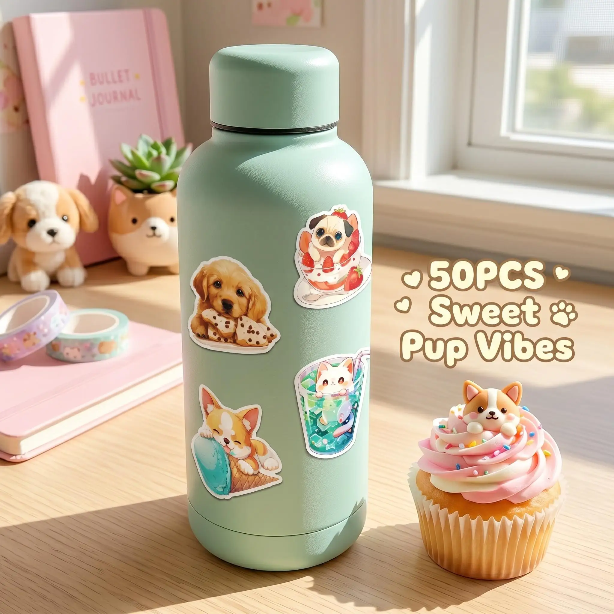 50Pcs Kawaii Food Animal Stickers Cute Dog Cat Dessert Vinyl Decals Waterproof Laptop Water Bottle Scrapbook Planner Kids Gift
