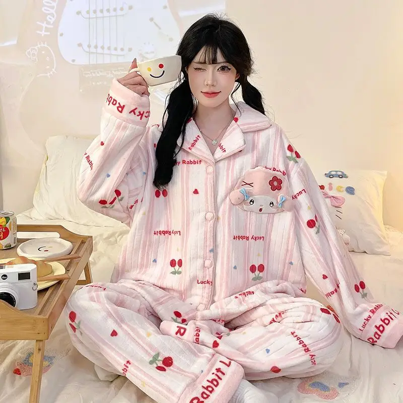 Winter Cardigan Pajamas Cartoon My Melody Hello Kiity Female Warm Cute Korean Version Long Sleeves Set Thicken Lounge Clothes