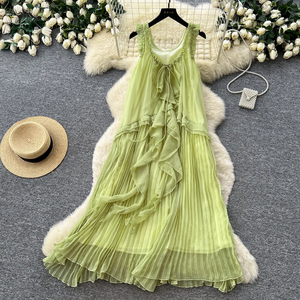 

Long Dress Women Sling Dresses A Line Vestidos Y2k Streetwear V Neck Ruffles Sleeveless Lace Up Elegant Party Night Work 2026