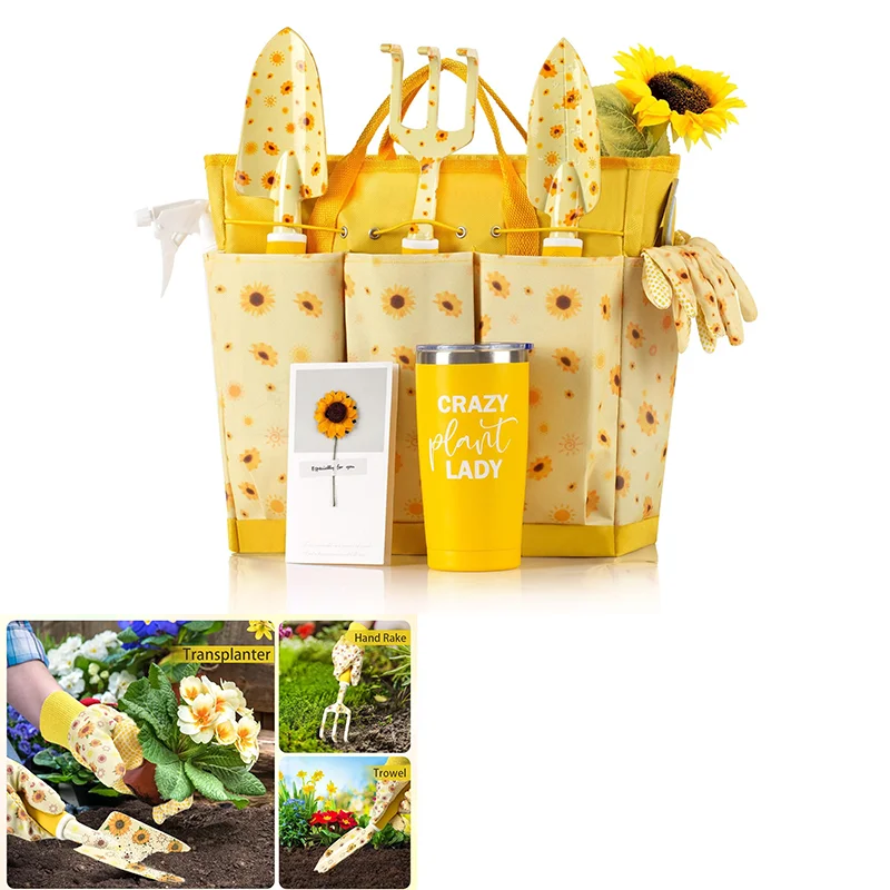 9-pcs-gardening-gift-set-for-women-yellow-sunflower-rake-trowelprunergloves-shovel-bag-ideal-for-mother's-day-birthday