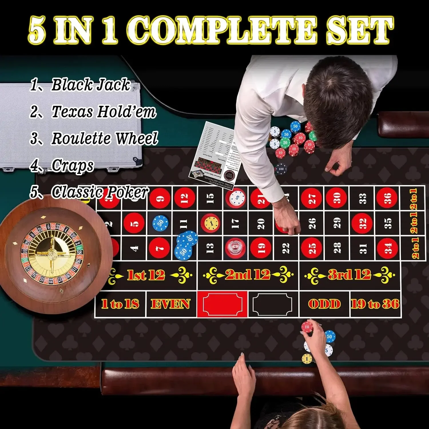 5 in 1 Super Casino Game Set: Blackjack/Texas Hold'em/Roulette/Craps/Poker Kit, 10