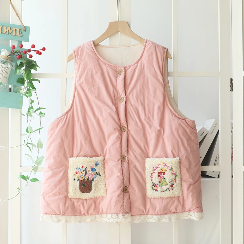 Autumn New Sweet Embroidered Pockets Vest Tops Women Single Breasted Sleeveless Outwear Tops Y1001