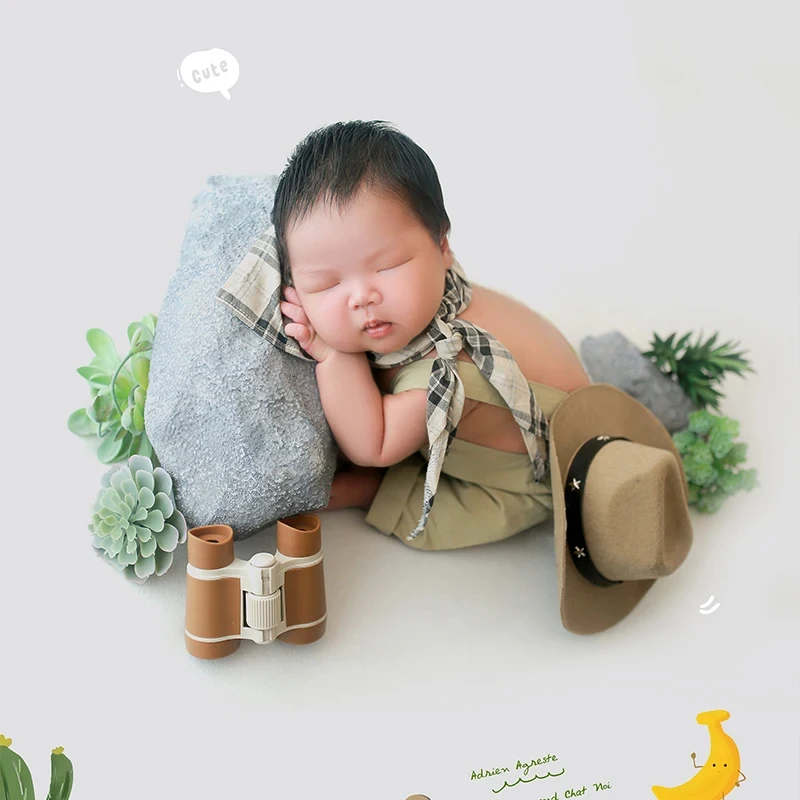 Explorer Style Newborn Photography Clothing Simulation Stone Succulents Photo Props Baby Boy Cowboy Hat Telescope Shooting Props