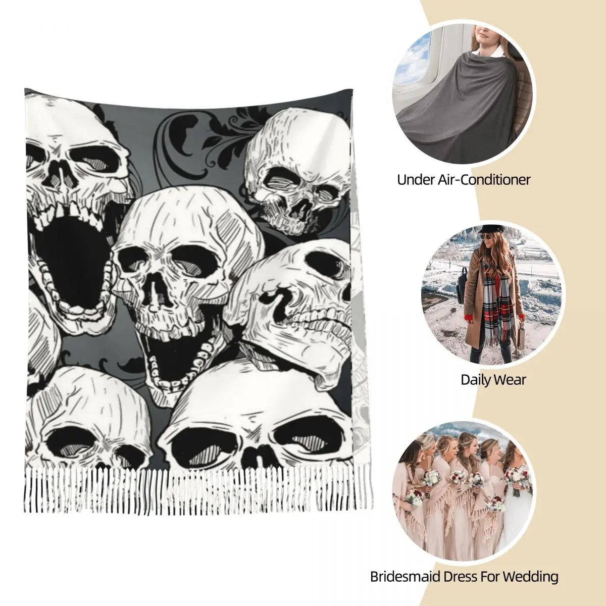 Womens Tassel Scarf Death Skull Gothic Large Soft Warm Shawl Wrap Halloween Cartoon Gifts Pashmina Scarves