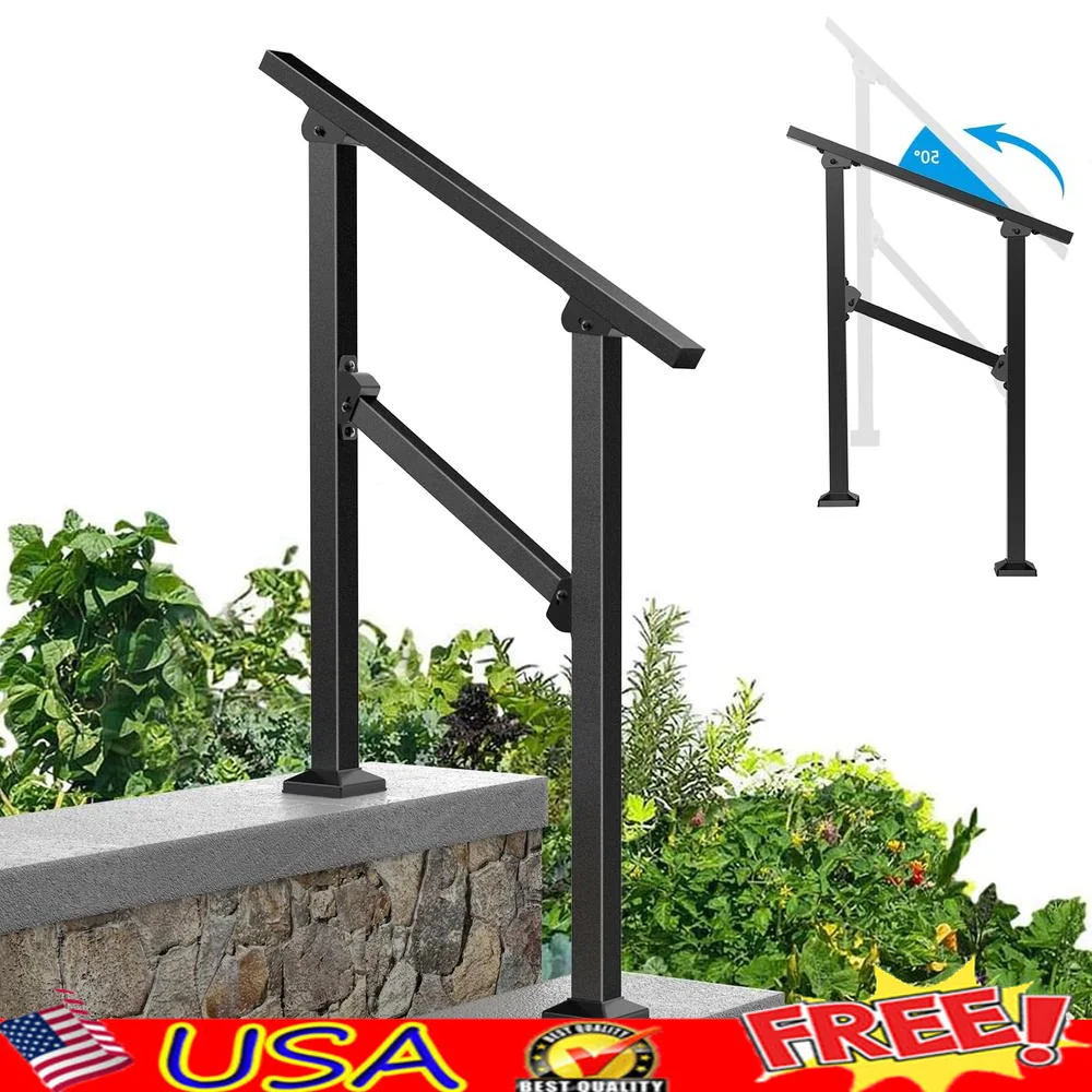 Outdoor Wrought Iron Handrails Adjustable Height 600lbs Support Weather Resistant Easy Installation Fade Resistant 2 Step Metal