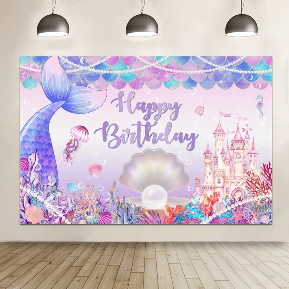 Laeacco-telón de fondo de sirenita de dibujos animados para fotografía, fiesta de cumpleaños de bebé, Decoración de mesa de pastel, telón de fondo fotográfico, estudio fotográfico