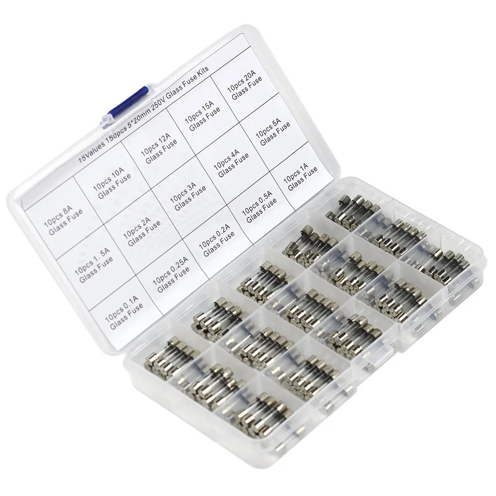 150pcs Of Fast Blown Glass Fuse Combination Kit 5x20mm 250V 0.1 0.25 0.5 1 1.5 2 3 4 5 8 10 12 15 20A Tube Fuse With Plastic