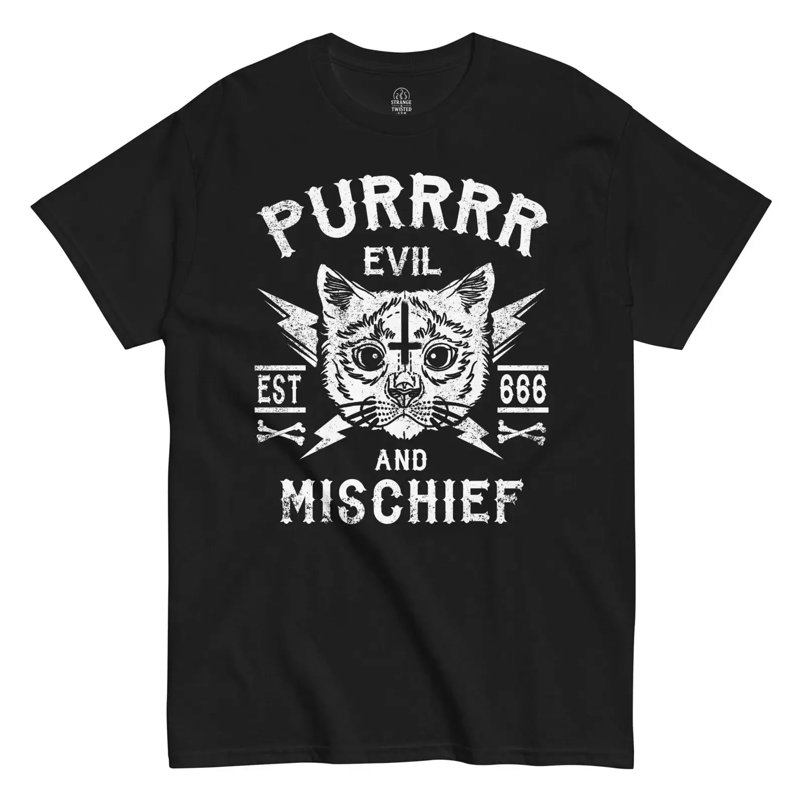 Винтажная футболка Distressed Purrr Evil And Mischief Cat, черная, дизайнерская, с эффектом потертости, стрейч, для мужчин