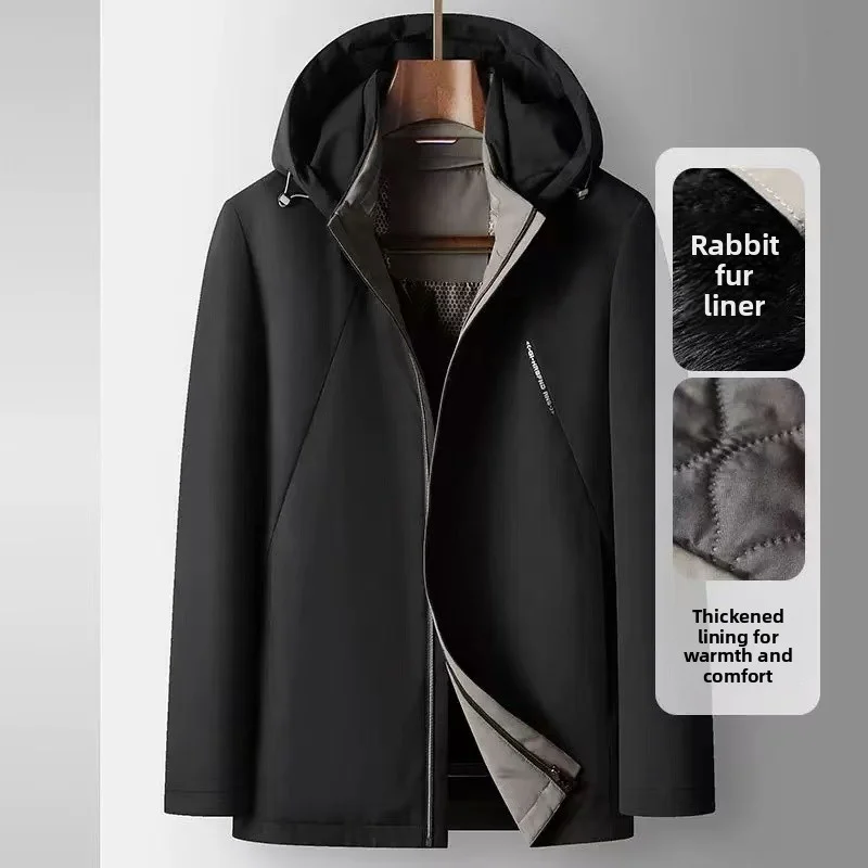 

2025 Winter New Hooded Pie Overcoming Coat Rabbit Fur Inner Tank Thickened Warm Men's High end Fabric Fur Cold proof Coat