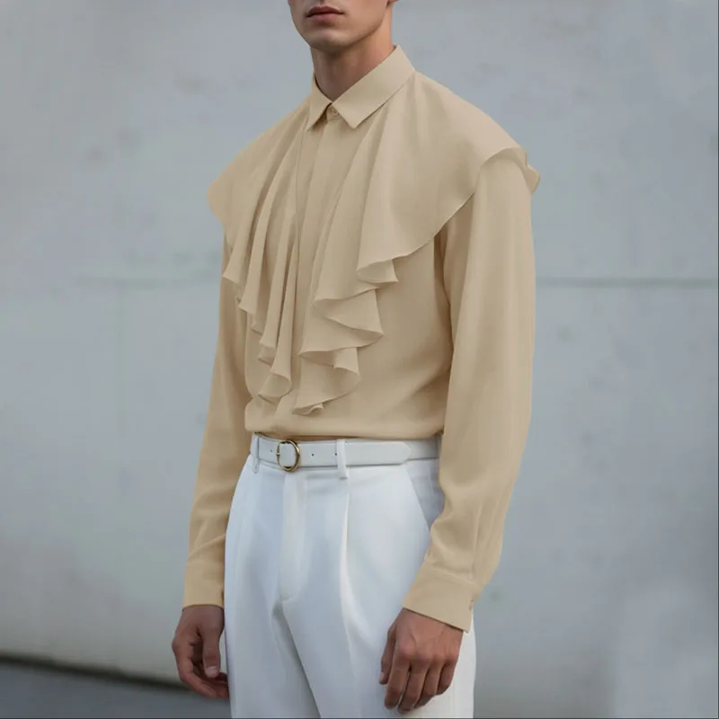 INCERUN قميص رجالي بلون واحد مكشكش وطية صدر السترة وأكمام طويلة ملابس رجالية غير رسمية ملابس خروج فضفاضة أنيقة ملابس علوية للرجال قمصان #3