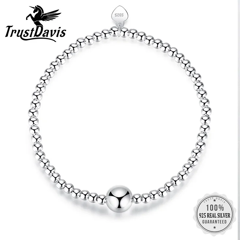 Trustdavis Fashion oryginalna 925 srebro minimalistyczne 3mm szerokość koraliki elastyczna bransoletka dla kobiet biżuteria ślubna na prezent DS2277