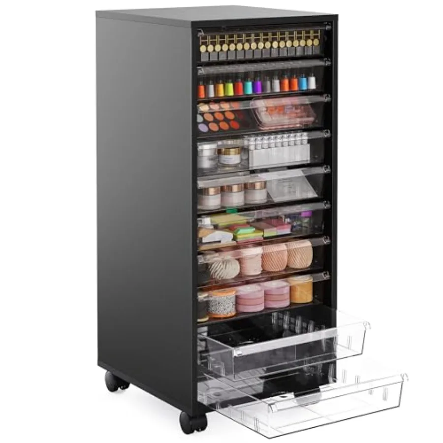 

Storage Drawer Cart Mobile Storage Cabinet Makeup Storage with 10 Large Clear Drawers Utility Wooden Rolling Cart on Wheels for