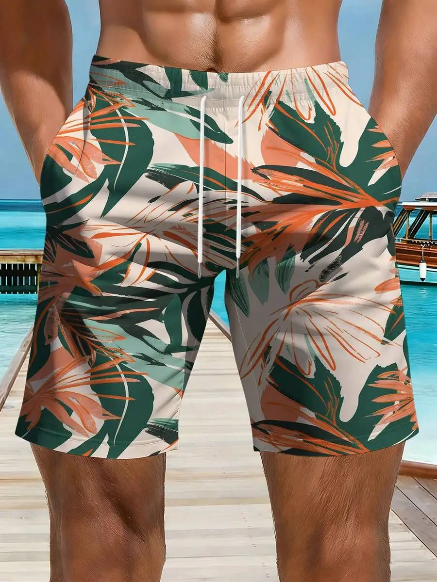 

Mens Casual Beach Shorts With Tropical Leaf Print Orange Green White Pattern Drawstring Waist