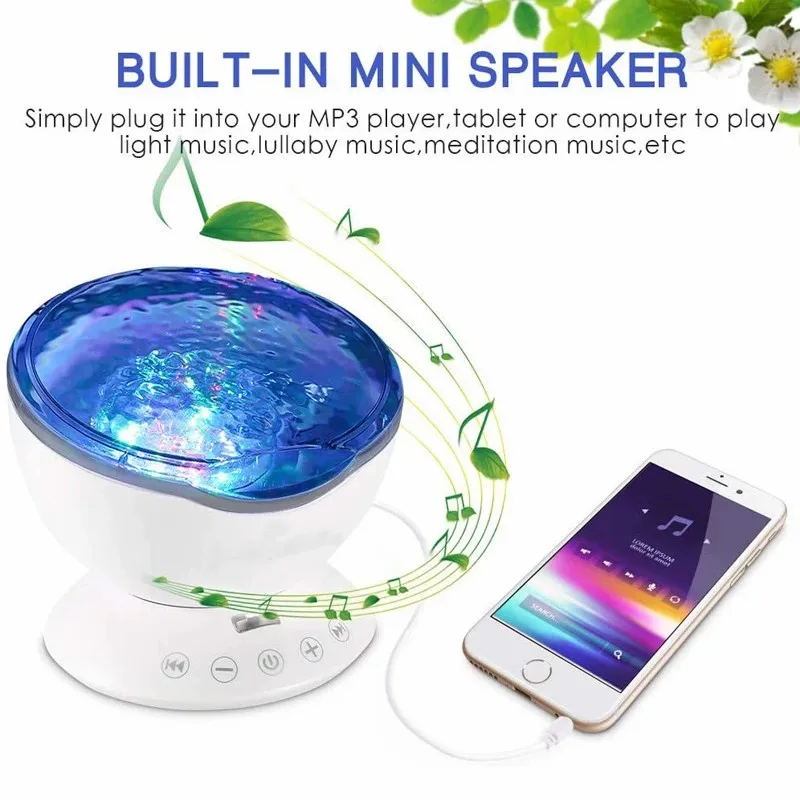 

F2 7 Color Ocean Wave Projector NightLights LED Night Light Music Player Remote Control Ceiling Mood Lamp with Bulit-in Speaker