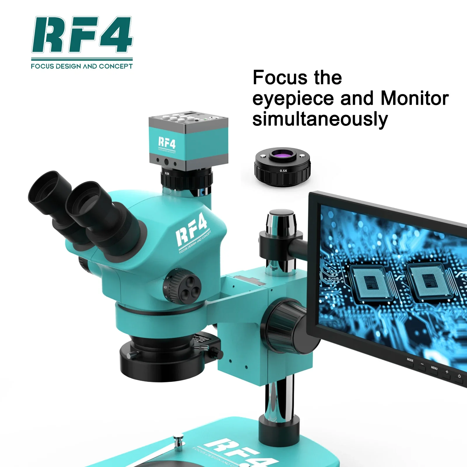 RF4 microscopio trinoculare HD 7-50X Zoom continuo 2K 10.1 pollici riparazione PCB elettronica RF7050TV-2KC2-S010