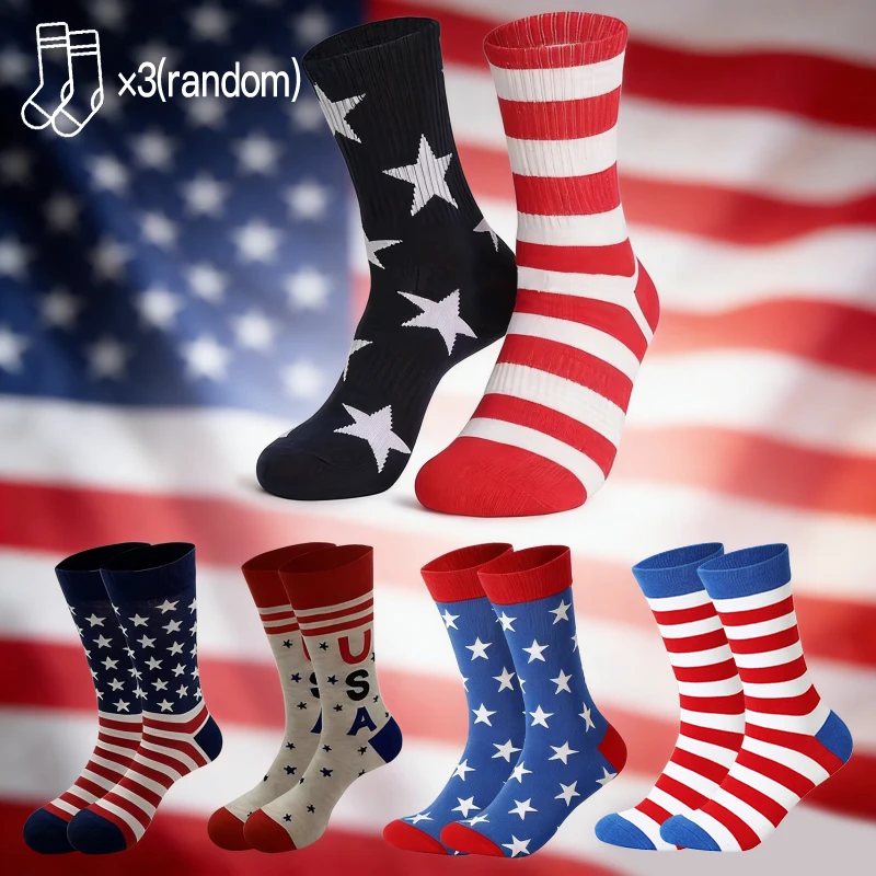 

3 Pairs Of Four Season Unisex Fashionable American Lndependence Day Color Blocked American Flag/Striped Long Tube Sports Socks