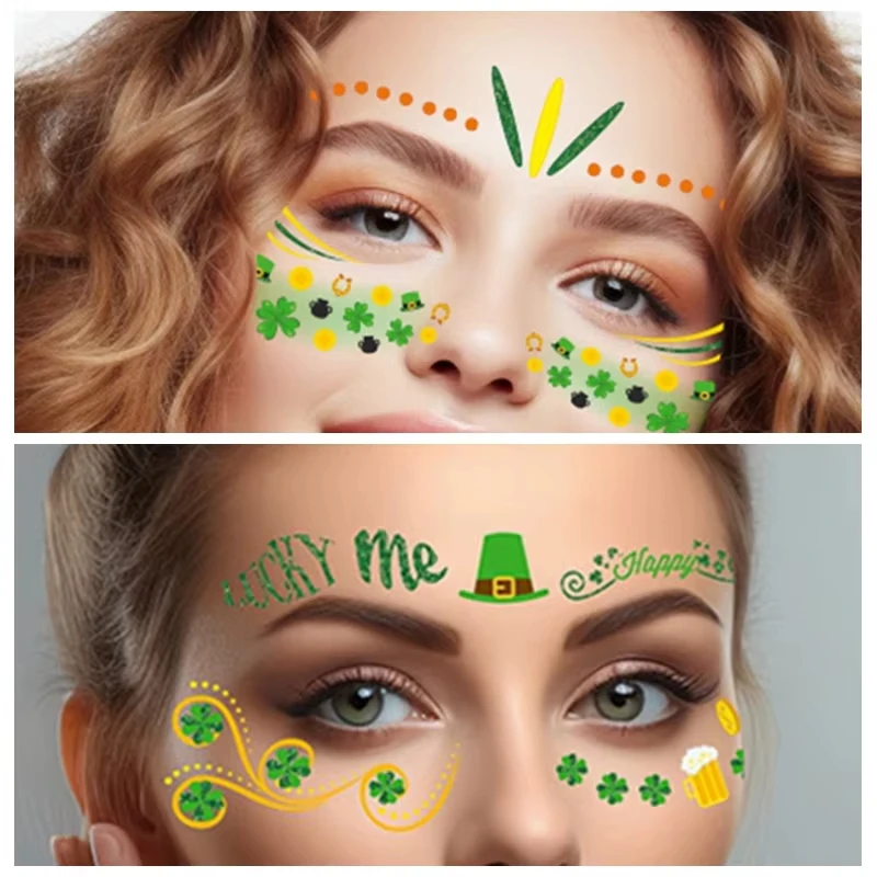 St Patrick\' s Day Shamrock Leaf Skin Tattoo Sticker Temporary & Waterproof Irish St Patricks Day Party False Tattoo Clover Coin