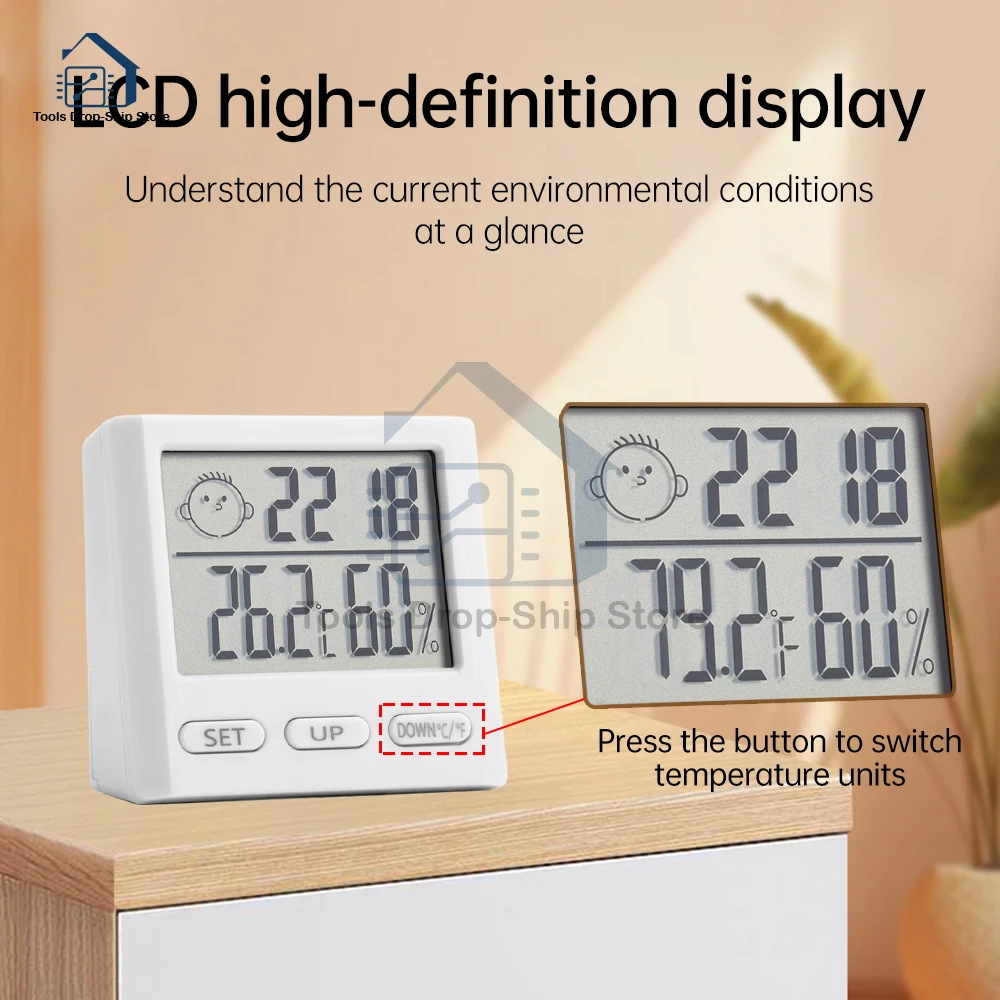 Digital Temperature Humidity Clock Big LCD Electronic Thermometer Hydrometer Meter With Stand Hygrometer Humidity Gauge Digital