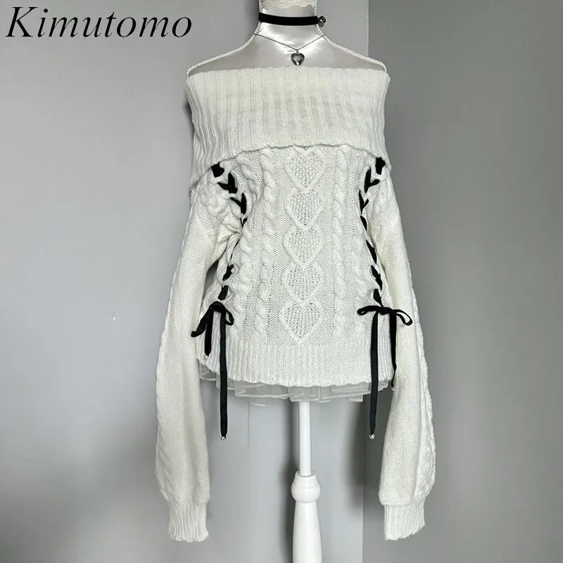 Kimutomo Knitted Sweater Women Y2k Aesthetic Slash Neck Twist Off Shlouder Bandage Pullover Vintage Lantern Sleeve Kawaii Jumper