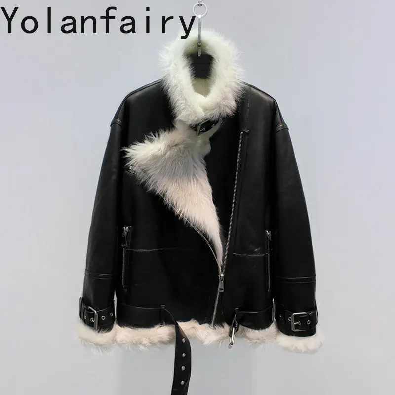 YOLANFAIRY Real Fur Coat Women Winter High Quality Genuine Sheep Fur Integrated Coats Oversized Warm Motocyle Leather Jackets