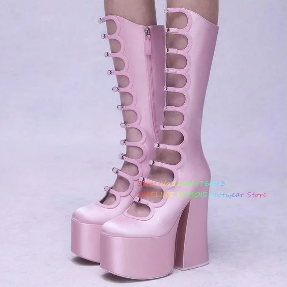 Black Platform Thick Heel knee High Boots Women Round Toe Chunky Heel Hollow Buckle Strap Summer New Punk Style Cool Boots