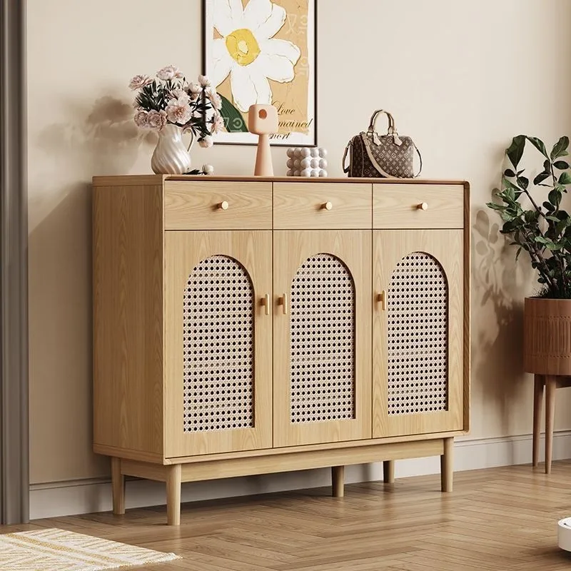Luxury large-capacity rattan shoe cabinet with integrated light, used for home door corridor storage wall entrance shoe rack