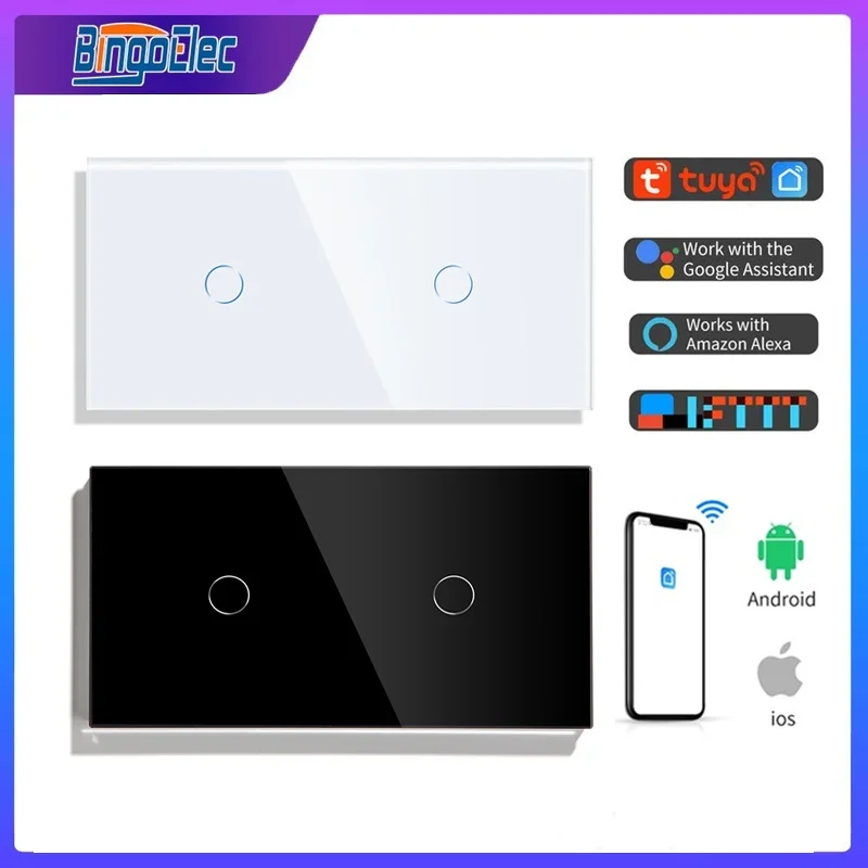 Bingoelec 2Gang Smart Wifi Control Touch Switch 157mm Double Wall Smart Light Switches Crystal Class Panel Switches With Neutral