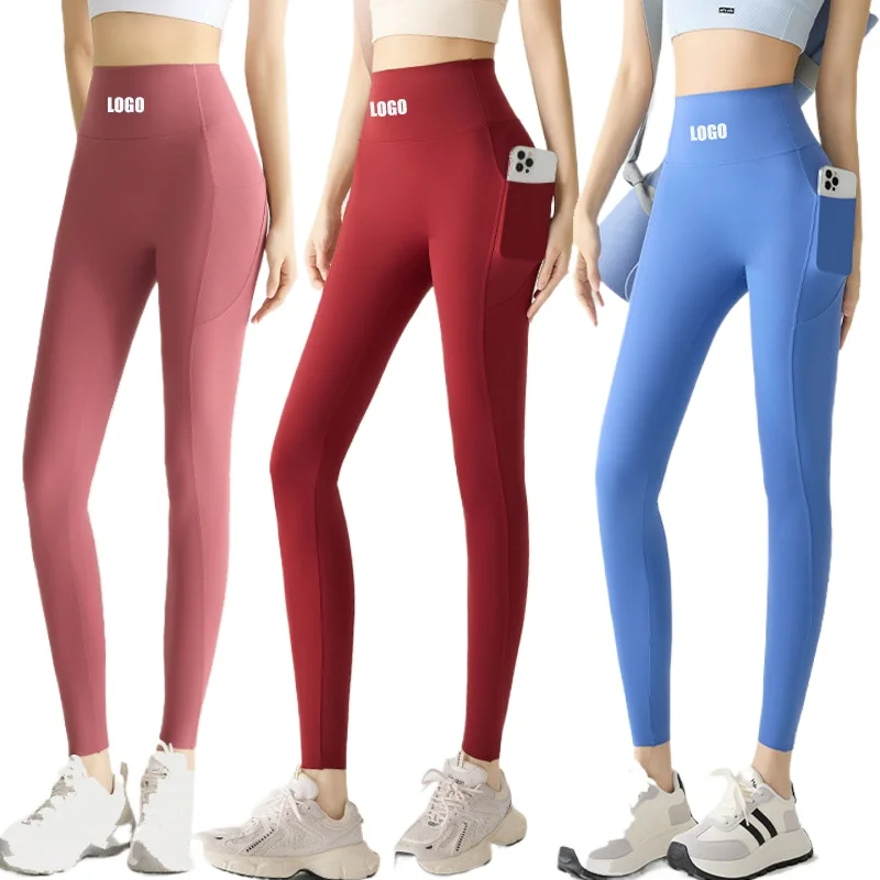 Personalized LOGO Customized S-2XL Women's Pocket Yoga Ice Silk Shark Pants Thin Hip Lifting Sports Leggings 9 Colors