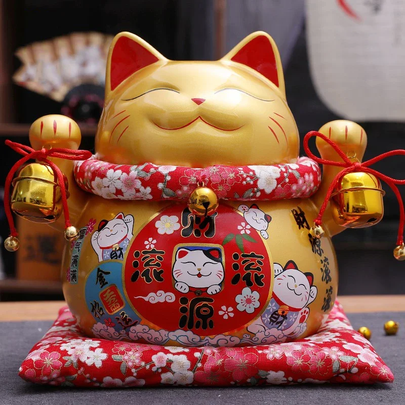 10 Inch Ceramic Lucky Cat Statue Wealth Cat Figurine Big Money Box with Placemat Maneki Neko Fortune Cat Ornament