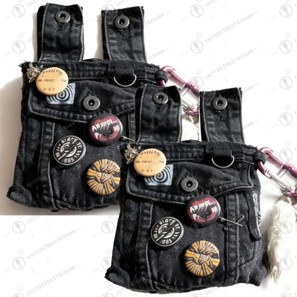 

2pcs Handcrafted Punk Denim Waist Bag, Crossbody Bag, Heavy Duty Distressed Denim, Unisex Goth Grunge Festival Travel