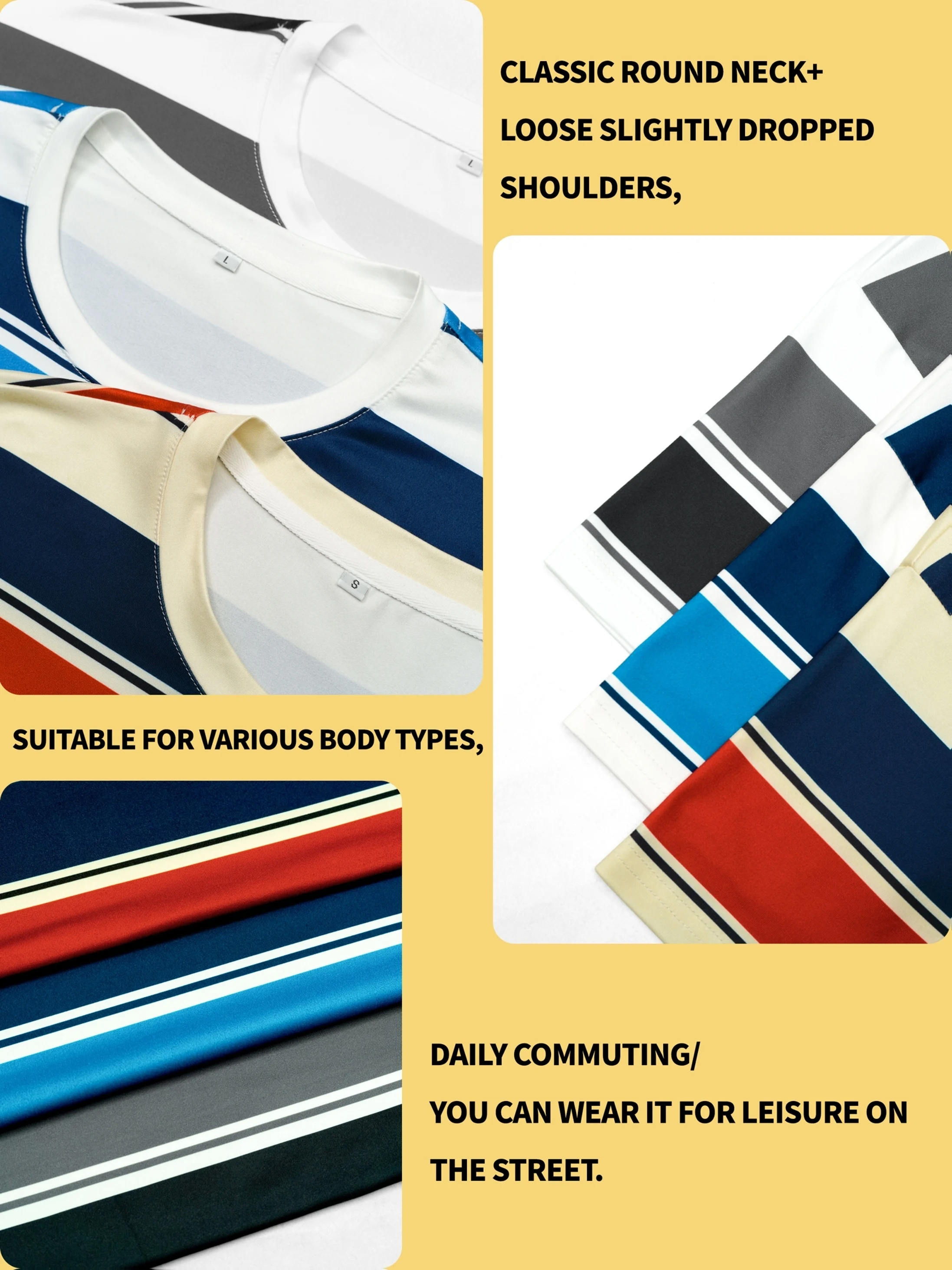 Herren-T-Shirt mit Rot-, Gelb- und Blau-Streifen, Kurzarm-Rundhals-Freizeit-T-Shirt, Klassisches Oberteil mit horizontalen Streifen für den Alltag – Detail 3