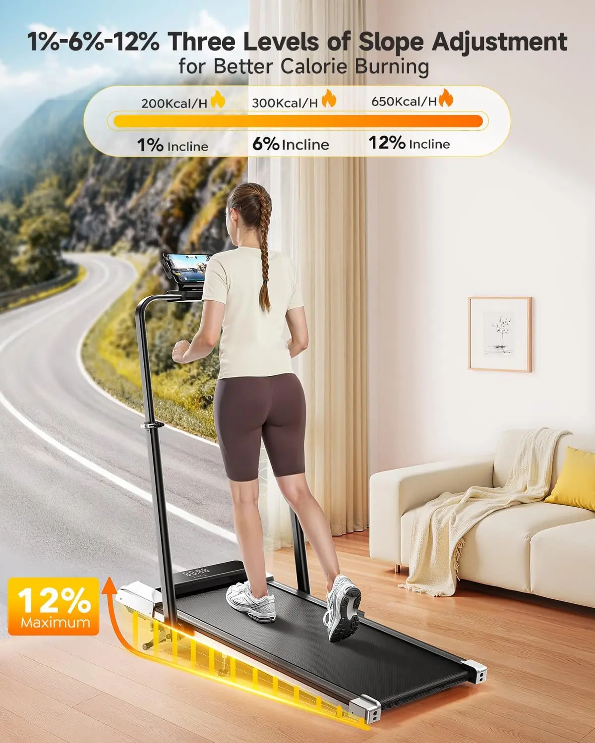 Foldable Walking Pad Treadmill 12% Incline Adjustable Handle Bar Portable Home/Office Desk Use App Remote Control LED