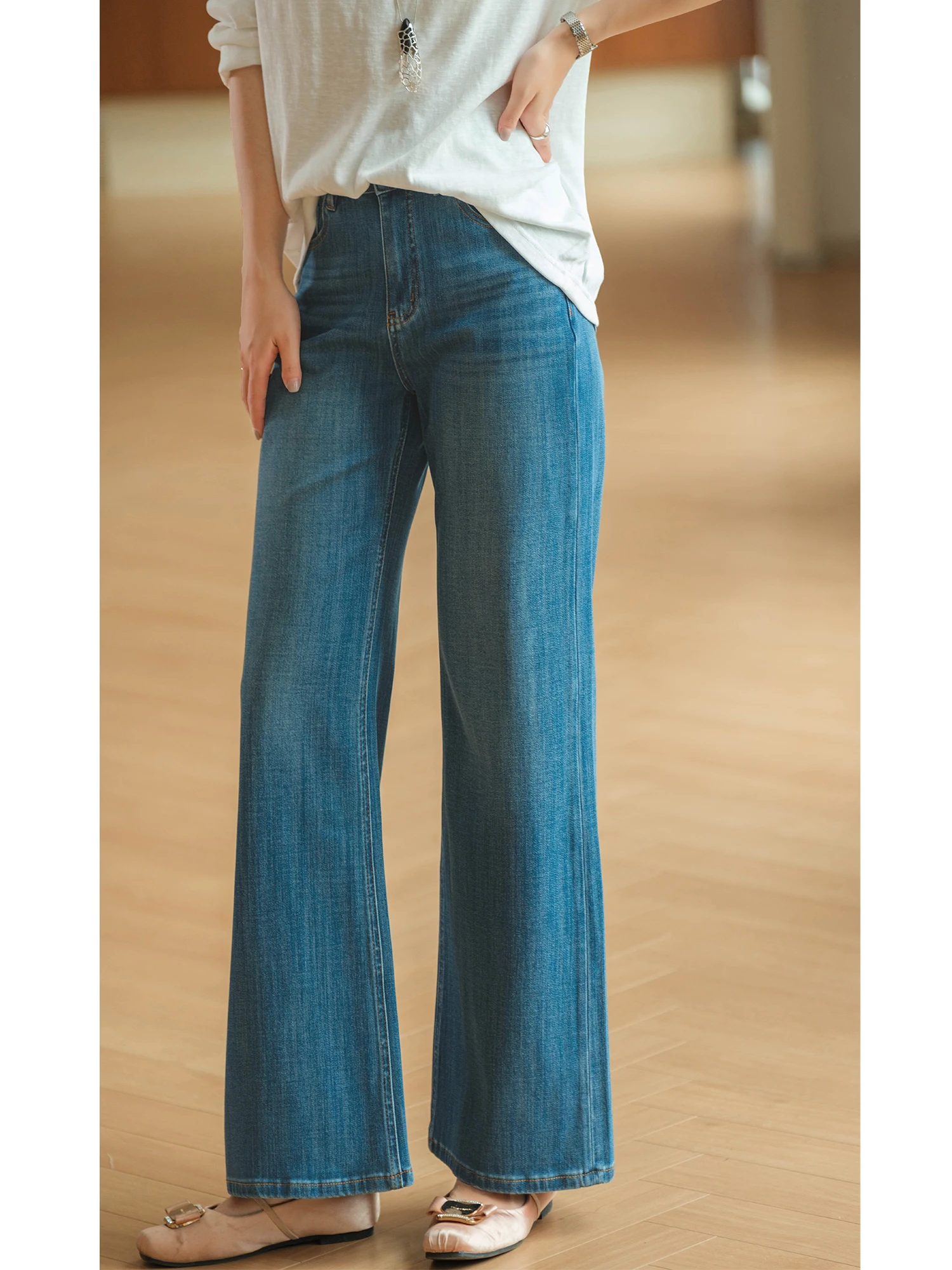 Heavy Duty Cotton Selvedge Denim Jeans Women's Wide Leg Jeans Four Way Stretch Natural Waist Button Closure Jeans